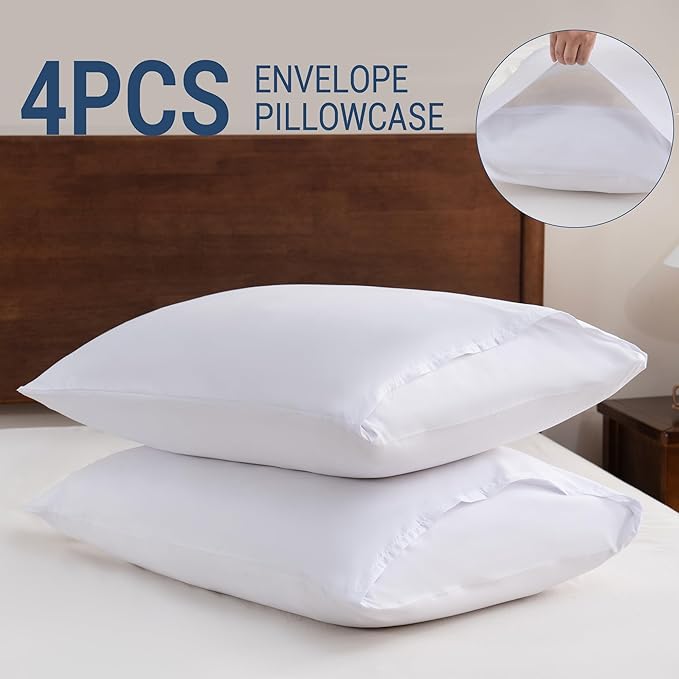 White Pillowcases King 4 Pack, 20x36 Pillow Cases with Envelope Closure, Soft Plain Brushed Microfiber Covers Breathable Wrinkle-Resistant
