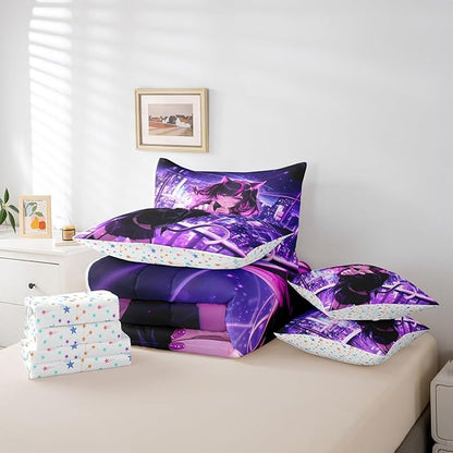 Erosebridal Kids Anime Girl Queen Comforter Set 7 Piece, Japanese Anime Bed in A Bag, Cartoon Girl Bedding Comforter Sets for Boys Teens Bedroom Decor, Kawaii Japanese Animation Bed Set