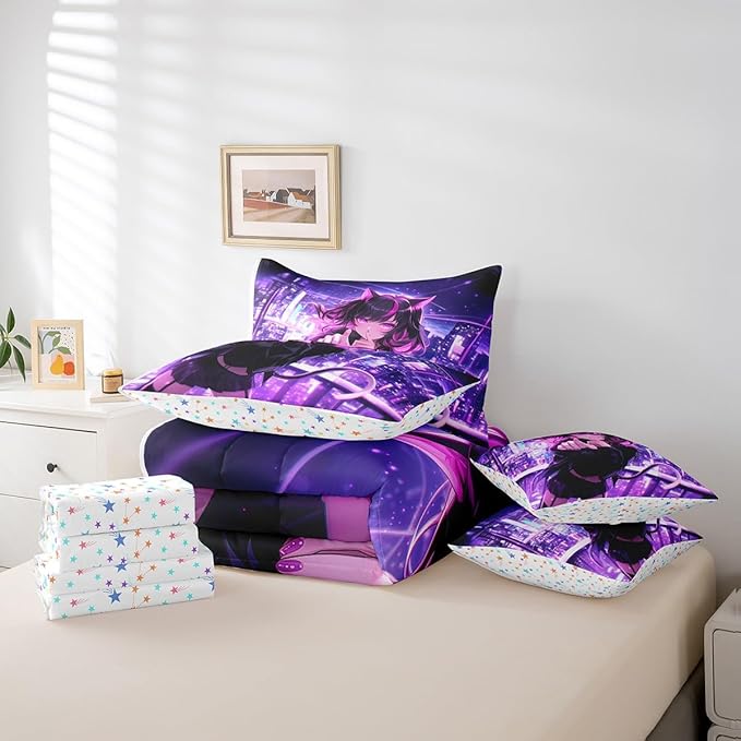 Erosebridal Kids Anime Girl Twin Comforter Set 7 Piece, Japanese Anime Bed in A Bag, Cartoon Girl Bedding Comforter Sets for Boys Teens Bedroom Decor, Kawaii Japanese Animation Bed Set