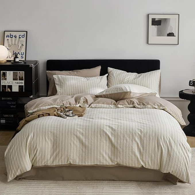 Nayoroom Beige Striped Duvet Cover Queen Size 100% Washed Cotton Duvet Cover Linen Like Textured, Reversible 3 Pieces Soft Breathable Yarn-Dyed Stripe Girls Dorm Bedding Set for All Seasons