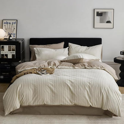Nayoroom Beige Striped Duvet Cover Queen Size 100% Washed Cotton Duvet Cover Linen Like Textured, Reversible 3 Pieces Soft Breathable Yarn-Dyed Stripe Girls Dorm Bedding Set for All Seasons
