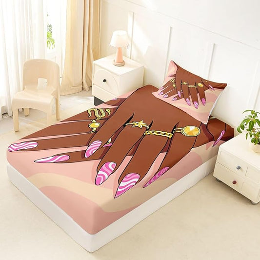 Erosebridal Romantic Makeup Themed Fitted Sheet Twin Size for Girls Fashion Girlish Bedding Set Black Girls Bed Sheets for Kids Teens Adult Women Bedroom Afro Vogue Princess Magical Sheets