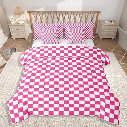 jejeloiu Pink White Comforter Set with Sheets 7 Piece Queen Size
