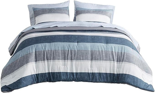 Madison Park Essentials Jaxon Full Size Comforter Set, Bed in A Bag Comforter & Sheet Set, Modern Casual Stripes Print, All Seasons, Soft Microfiber Bedding Makeover, Sham, Full, Blue/Grey 7 Piece
