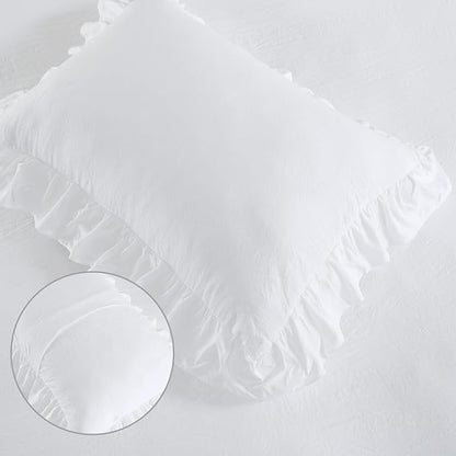 White Ruffled Duvet Cover Twin, 2PCS Soft Washed Microfiber Vintage French Country Duvet Cover Set for Kids Girls, White, 68x90 in