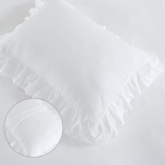 Ruffle Duvet Cover King Size, 3PCS Soft Washed Microfiber Vintage French Country Duvet Cover Set with Button Closure, White, 104x90 in