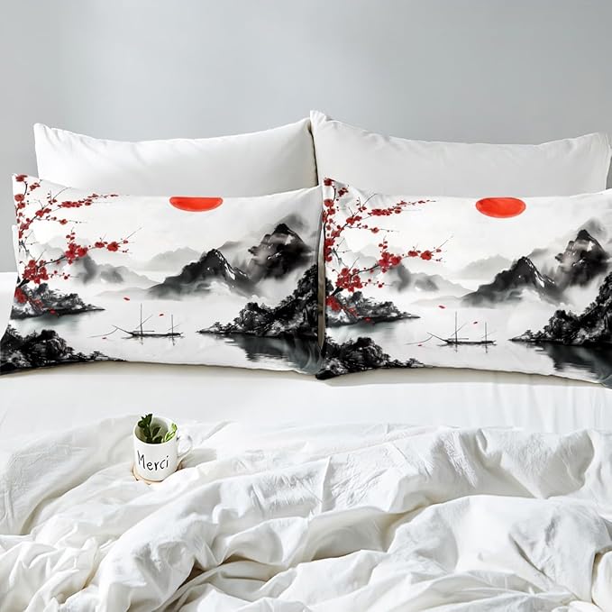 Feelyou Japanese Ukiyoe Theme Bedding Set Full Size Cherry Blossom Duvet Cover for Adult Kids Boys Girls Watercolor Comforter Cover Set Natural Landscape Bedspread Cover 3Pcs Zipper