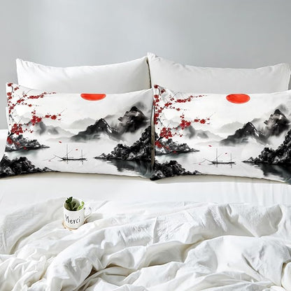 Feelyou Japanese Ukiyoe Theme Bedding Set Toddle Size Cherry Blossom Duvet Cover for Adult Kids Boys Girls Watercolor Comforter Cover Set Natural Landscape Bedspread Cover 2Pcs Zipper