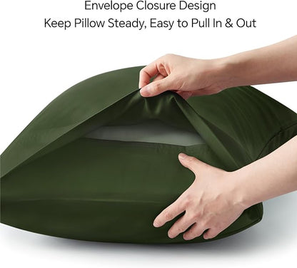 BEDELITE Standard Pillow Cases Set of 2, Rayon Derived from Bamboo, Cooling Pillow Cases for Hot Sleepers & Night Sweats, Breathable Silky Soft Envelope Pillowcases(Olive Green, 20"x26")