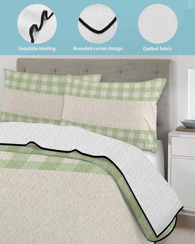 Quilts Full Size, Retro Green Soft Comforter Bedding Set for Bed, Farmhouse Buffalo Plaid Vintage Beige Lightweight Quilted Bedspread with Pillow Cover(2 Pieces) for All Season, 78x90 Inch