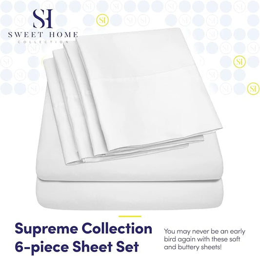 Queen Sheets White - 6 Piece 1500 Supreme Collection Fine Brushed Microfiber Deep Pocket Queen Sheet Set Bedding - 2 Extra Pillow Cases, Great Value, Queen, White