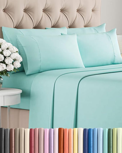 Full 6 Piece Sheet Set - Comfy Breathable & Cooling - Ultra Soft Hotel Luxury Bedding Set w/ 8-16 Inch Deep Pockets - 1 Flat & 1 Fitted Sheet & 4 Pillowcases - Wrinkle Free and Easy Care - Spa Blue