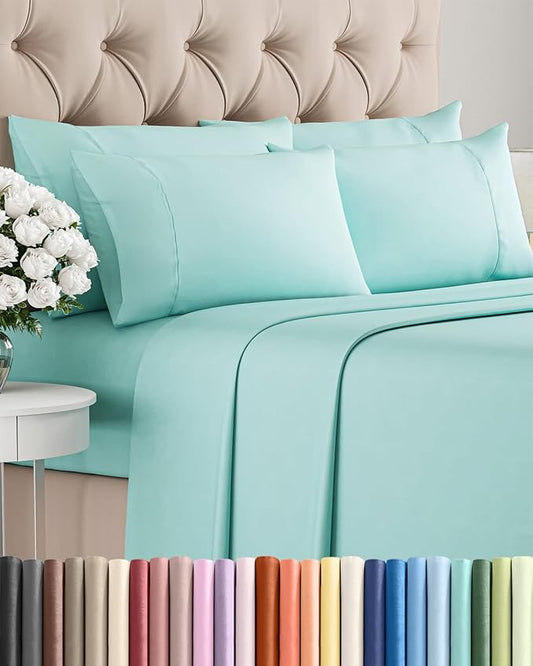 Full 6 Piece Sheet Set - Comfy Breathable & Cooling - Ultra Soft Hotel Luxury Bedding Set w/ 8-16 Inch Deep Pockets - 1 Flat & 1 Fitted Sheet & 4 Pillowcases - Wrinkle Free and Easy Care - Spa Blue