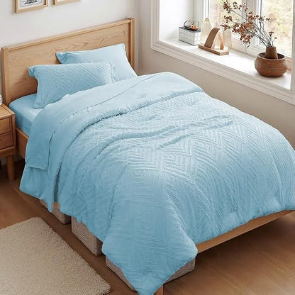 Zzlpp Twin Comforter Set 5 Pieces, Light Blue Tufted Bed in a Bag with Comforter and Sheets, All Season Boho Bedding Sets with 1 Comforter, 1 Pillow Sham, 1 Pillowcase, 1 Flat Sheet, 1 Fitted Sheet