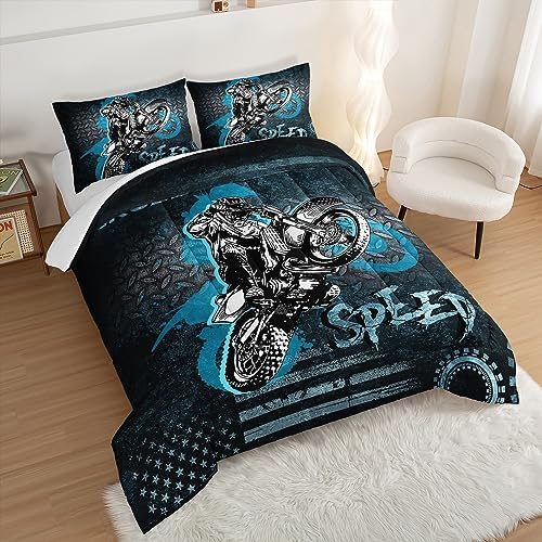HOSIMA Dirt Bike Comforter Motocross Rider Bedding Set for Race Car Bed,American Flag Motorbike King Size Comforter Set Extreme Sport Bedding for Boys Teens Mens Bedroom Essentials.