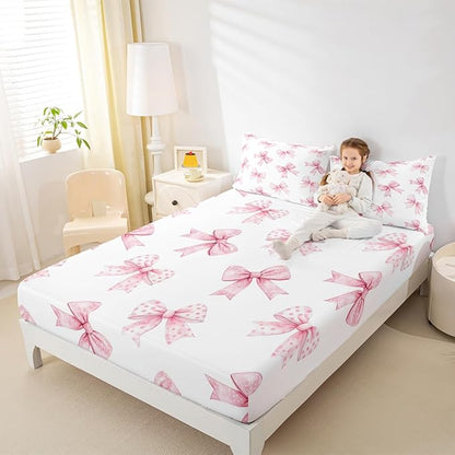 Erosebridal Pink Bow Fitted Sheet Queen Coquette Bowknot Bed Sheets for Boys Girls Princess Girls Ribbon Bowtie Bed Set Watercolor Cute Sheets with 2 Pillowcases