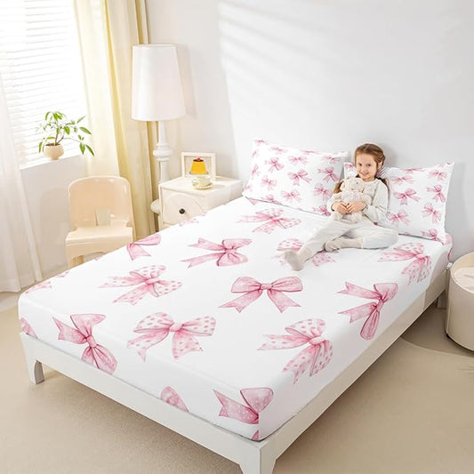 Erosebridal Pink Bow Fitted Sheet Full Coquette Bowknot Bed Sheets for Boys Girls Princess Girls Ribbon Bowtie Bed Set Watercolor Cute Sheets with 2 Pillowcases