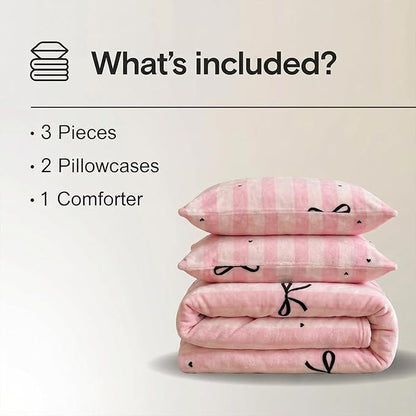 Bedbay Pink Striped Fleece Comforter Set King Size Girls Bow Comforter Soft Warm Fleece Velvet Bedding Set Pink Stripes Cute Bow Tie Pattern Fluffy Queen Bed Set 3 Pcs for Boys Girls Teen