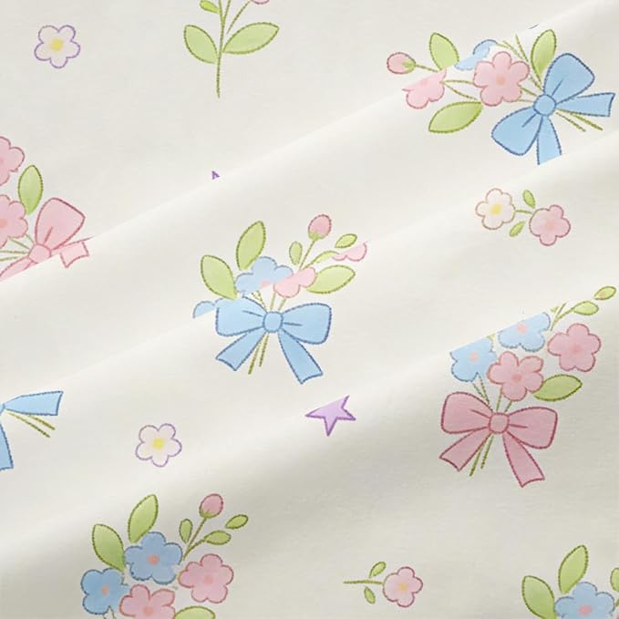 Pink Blue Floral Bedding Set King Size, 3Pcs White Cute Cartoon Bows Comforter Set for Girls Women Bedroom Decor, Includes Comforter (104" x 90") and 2 Pillowcases, All Season