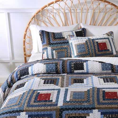 HIARUO Quilt Set Queen Size, 3 Pieces Bedspread Coverlet Plaid Patchwork Quilt Farmhouse Queen Size Comforter Set Lightweight Bedding with 2 Pillow Covers Shams for All Season Red Blue