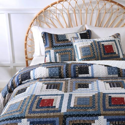 HIARUO Quilt Set Queen Size, 3 Pieces Bedspread Coverlet Plaid Patchwork Quilt Farmhouse Queen Size Comforter Set Lightweight Bedding with 2 Pillow Covers Shams for All Season Red Blue