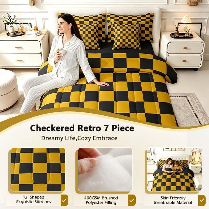 Feelyou Checkered 7 Piece Bedding Set Teen Yellow Black Plaid Comforter Set with Sheets Full Size Kids Boys Cute Retro Neutral Checkerboard Geometric Bed in a Bag Vintage Aesthetic Room Decor