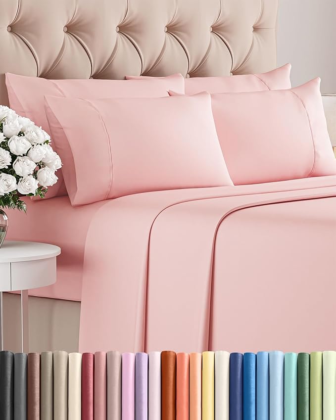 Full 6 Piece Sheet Set - Comfy Breathable & Cooling - Ultra-Soft Hotel Luxury Bedding Set with 8-16 Inch Deep Pockets - 1 Flat & 1 Fitted Sheet & 4 Pillowcases - Wrinkle Free & Easy Care - Baby Pink