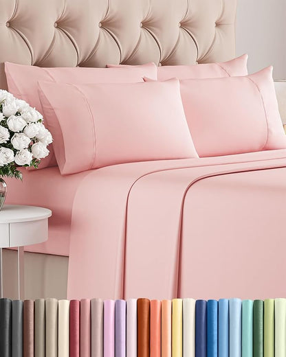 King 6 Piece Sheet Set - Comfy Breathable & Cooling - Ultra-Soft Hotel Luxury Bedding Set with 8-16 Inch Deep Pockets - 1 Flat & 1 Fitted Sheet & 4 Pillowcases - Wrinkle Free & Easy Care - Baby Pink