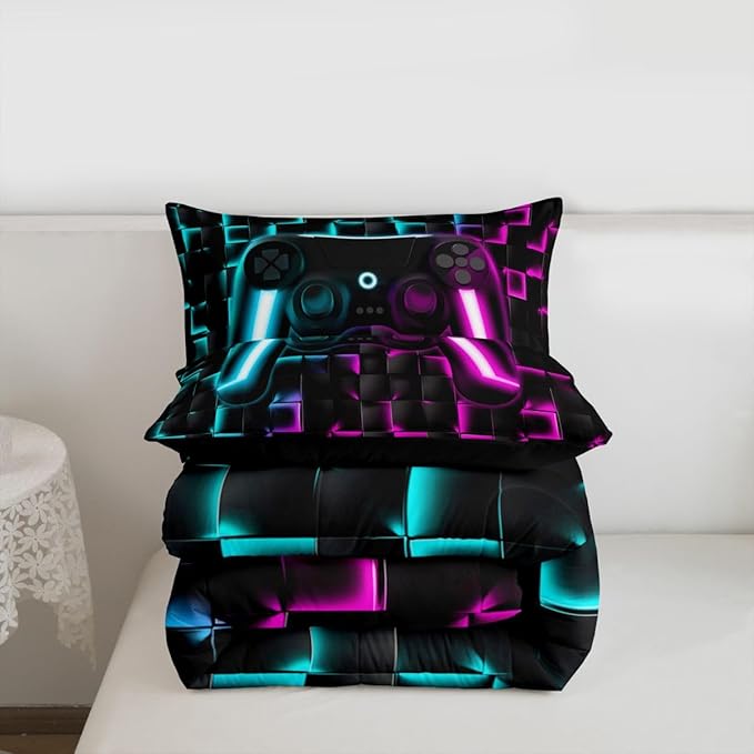 Erosebridal Boys Gamer Comforter Set Gaming King Size Bedding Sets for Kids Boys Teen Men Neon Lights Ombre Checkered Video Games Bed Comforter Set 3D Geometric Game Console Quilt Blue Purple