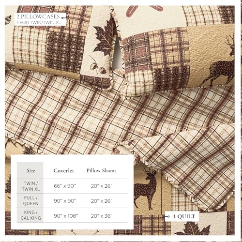 Great Bay Home Lodge Quilt Set - 3-Piece King/California King Size Rustic Bedding Set - Lightweight, All-Season, Reversible Bedspread (Deer & Leaf Patchwork)