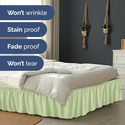 Wrap Around Dust Ruffle Bed Skirt - Light Sage - for King Size Beds w/ 15 Inch Drop - Easy Fit Elastic Strap - Adjustable Pleated Bedskirt w/Brushed Fabric - Wrinkle Free, Women, Men, Kids & Teens