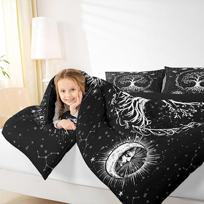 Feelyou Sun and Moon Comforter Bohemian Tree Butterfly Style Bedding Set Psychedelic Hippie Comforter Set for Boys Girls Children Teens Bedroom Decor Galaxy Astrology Duvet Set Twin Size