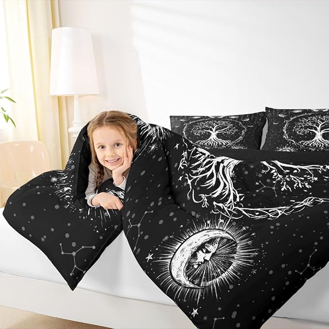 Feelyou Sun and Moon Comforter Bohemian Tree Butterfly Style Bedding Set Psychedelic Hippie Comforter Set for Boys Girls Children Teens Bedroom Decor Galaxy Astrology Duvet Set Full Size