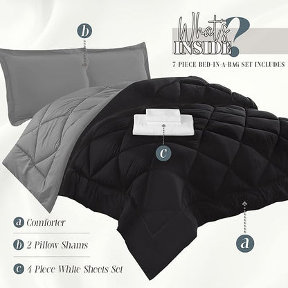 Elegant Comfort 7-Piece Bed-in-a-Bag Comforter & Sheet Set- Luxurious 1500 Thread Count 7-Piece Cali King Size Bed-in-a-Bag, Cozy Bed Sheets and Comforter Set, Wrinkle and Stain Resistant, Black/Gray