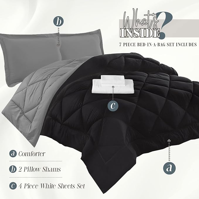 Elegant Comfort 7-Piece Twin Size Bed-in-a-Bag - Luxury 1500 Thread Count Comforter & Sheet Set, Super Cozy, Wrinkle and Stain Resistant, Black/Gray