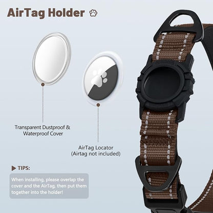 Taglory AirTag Dog Collar with Waterproof Holder for Large Dogs, Brown, L | Reflective for Night Walks & Low-Light Safety, Track Your Pup Peace of Mind, Adjustable Soft Padded, No More Dangling Tags