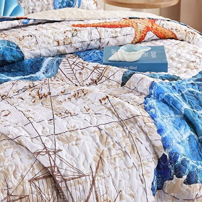 weigelia Coastal Quilt Queen Size, Nautical Lightweight Summer Bedding