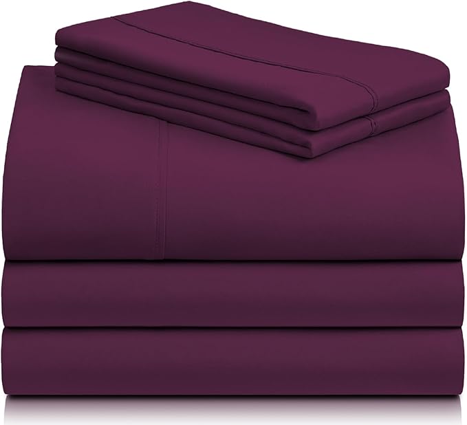 LuxClub 5 PC Split King Sheet Set, Breathable Luxury Bed Sheets, Deep Pockets 18" Eco Friendly Wrinkle Free Cooling Sheets Machine Washable Hotel Bedding Silky Soft - Eggplant Split King