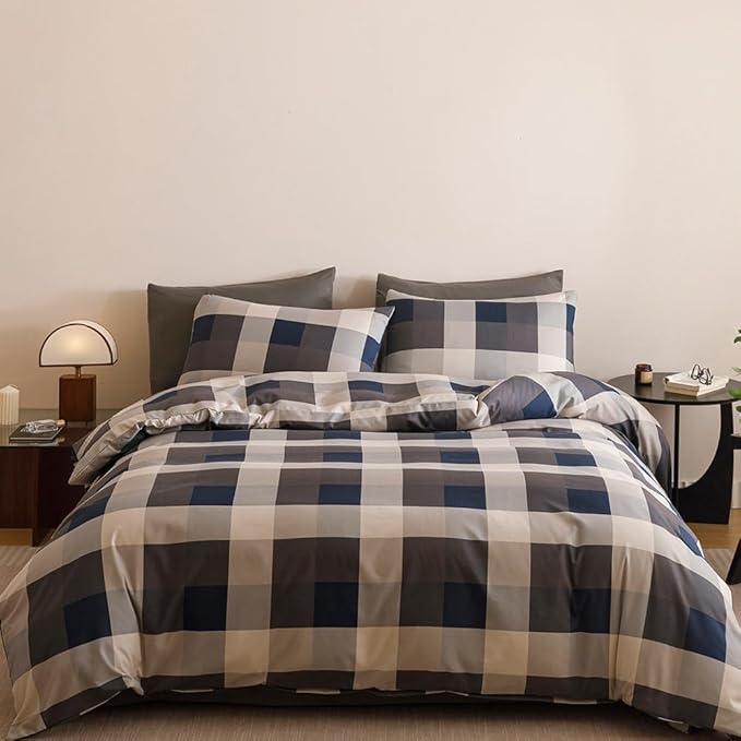 CLOTHKNOW Blue Plaid Queen Comforter Set Gingham Buffalo Bedding Comforter Sets Geometric Comforter Queen Sets with 2 x Pillow Cases