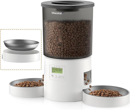 Dual Automatic Cat Feeder 2 Cats, 4.2L Dry Food Auto Dispenser with Double Stainless Steel Bowls,Dual Power Supply,Programmable Portion Control,10s Voice Recorder (Transparent White)