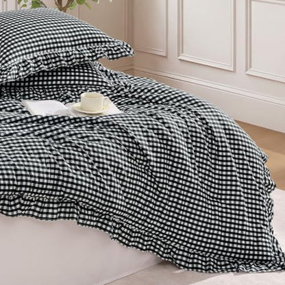 Andency Black White Gingham Ruffle Comforter Queen, 3 Pcs Vintage Bedding