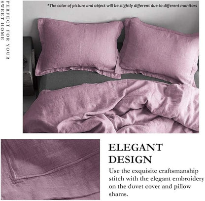 Simple&Opulence 100% Linen Duvet Cover Set with Embroidery Border Washed - 3 Pieces (1 Duvet Cover with 2 Pillow Shams) with Button Closure Soft Breathable Farmhouse - Purple, Queen Size
