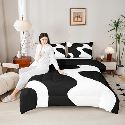 Erosebridal White and Black Abstract Queen Comforter Set for Adult Women Men Boho Geometric Striped Bedding Set Minimalist Modern Art Bed Set Simple Aesthetic Modern Quilt Set