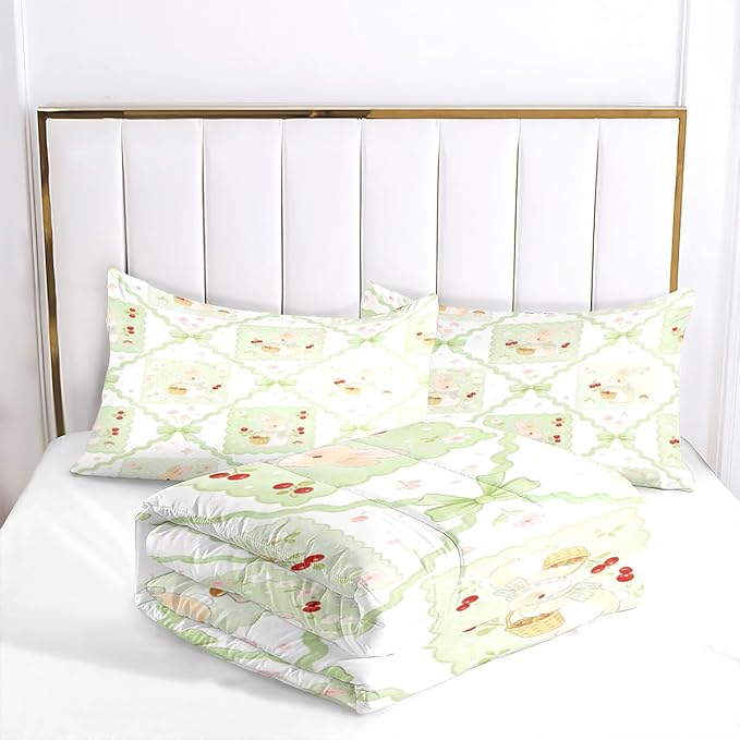 7Pcs Green Red Cherry Bedding Set, Cute Rabbit Comforter Set Queen Size, Girls Room Decor with Comforter (90" x 90") and 2 Pillowcases, 1 Fitted Sheet, 1 Flat Sheet, 2 Pillow Shams
