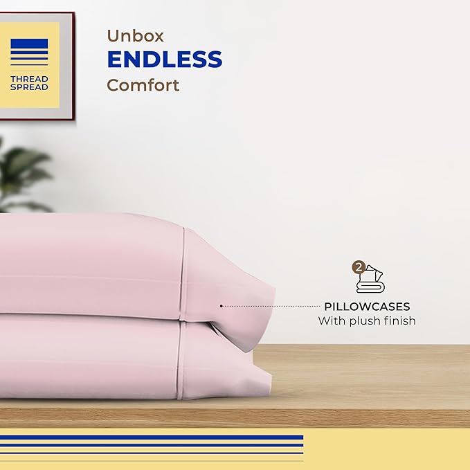 Thread Spread 100% Egyptian Cotton King Size Pillow Cases Set of 2 - Luxury 600 Series Bliss Collection Pillow Cases King Size (Blush), Soft Cooling Hotel Cotton Pillowcases, Sateen Finish