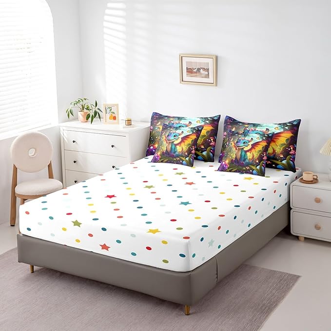 Cartoon Dragon Bed in a Bag Comforter Set,Western Magical Animal Twin Size 7 Pieces for Kids,Cute Jungle Mushroom Botanical Bedding Set with Comforter, Sheet Set, Pillowcases, Pillow Covers