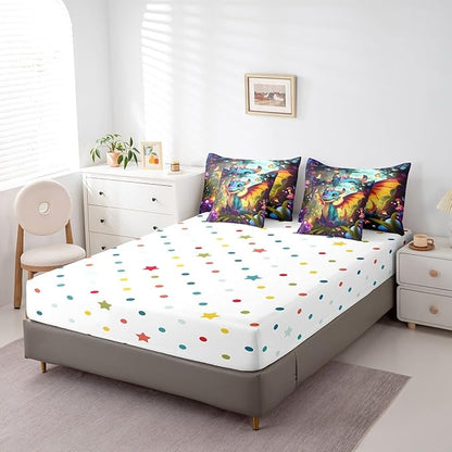 Cartoon Dragon Bed in a Bag Comforter Set,Western Magical Animal Full Size 7 Pieces for Kids,Cute Jungle Mushroom Botanical Bedding Set with Comforter, Sheet Set, Pillowcases, Pillow Covers