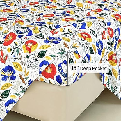 lasoftan Floral Queen Comforter Set with Sheets, 7 piece Luxury Vintage Bedding, Soft Microfiber Bed in a Bag, Cozy Lightweight Bed Set, Blue Orange Flower