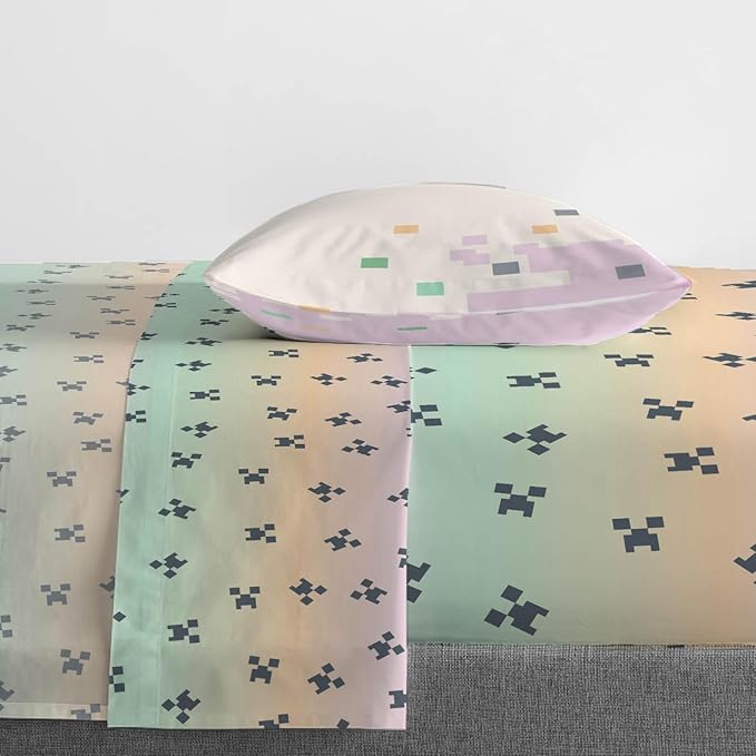 Jay Franco Kids Sheet Cartoon Set with Fitted, Flat Sheets & Pillow Cover - Ultra-Soft Bedding with Pillowcase for Room Decor, Pink - Minecraft, 3 Piece Twin