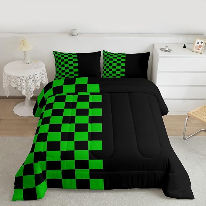 Geometric PlaidComforter Set King Size,Patchwork Grid Video Games Kids Bedding Set,Simple Lattice Abstract Quilt Comforter,Black & Green Duvet Insert,2 Pillowcases